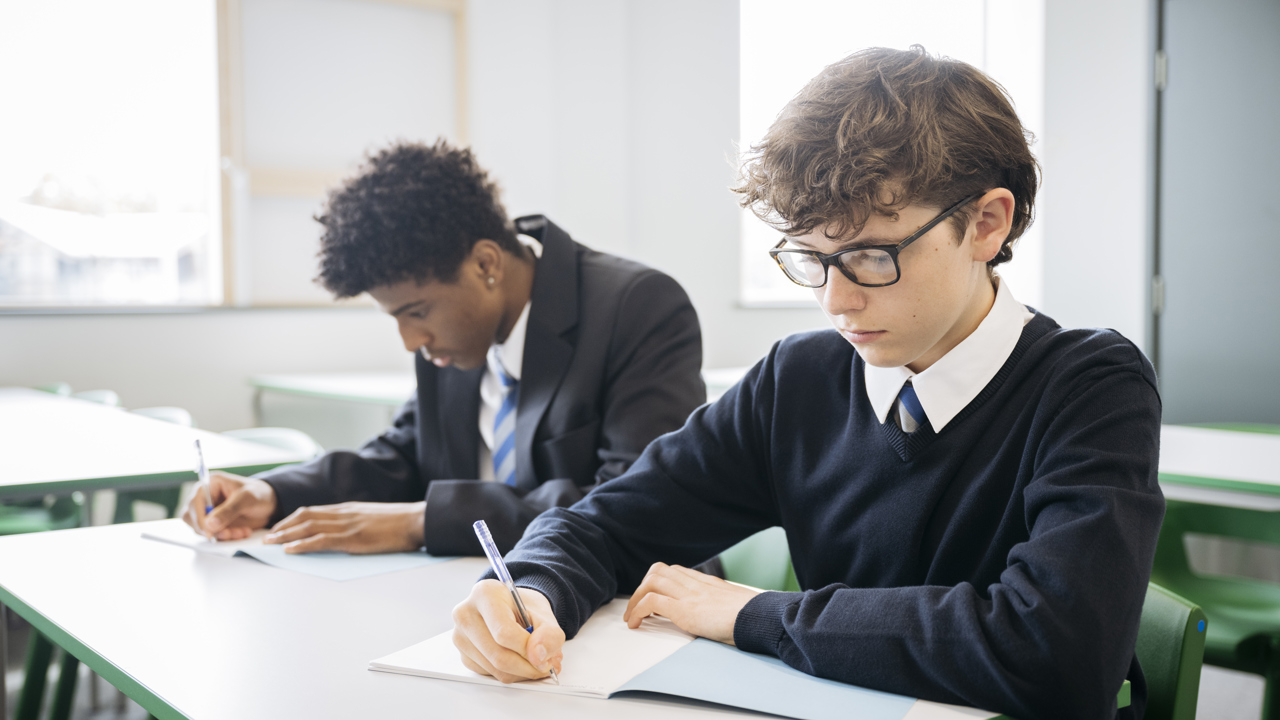 Two secondary school boys working at their desk