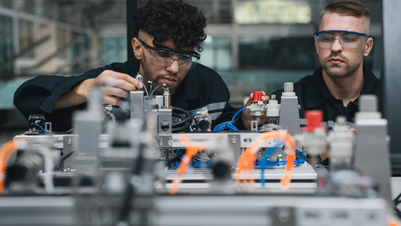 Two engineers working with equipment and machinery