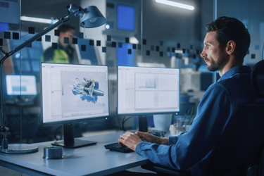 An engineer sits at their desk working with software and two screens