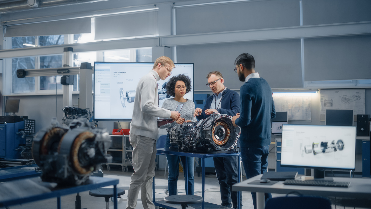 Four engineers stand in a workshop around a large piece of equipment