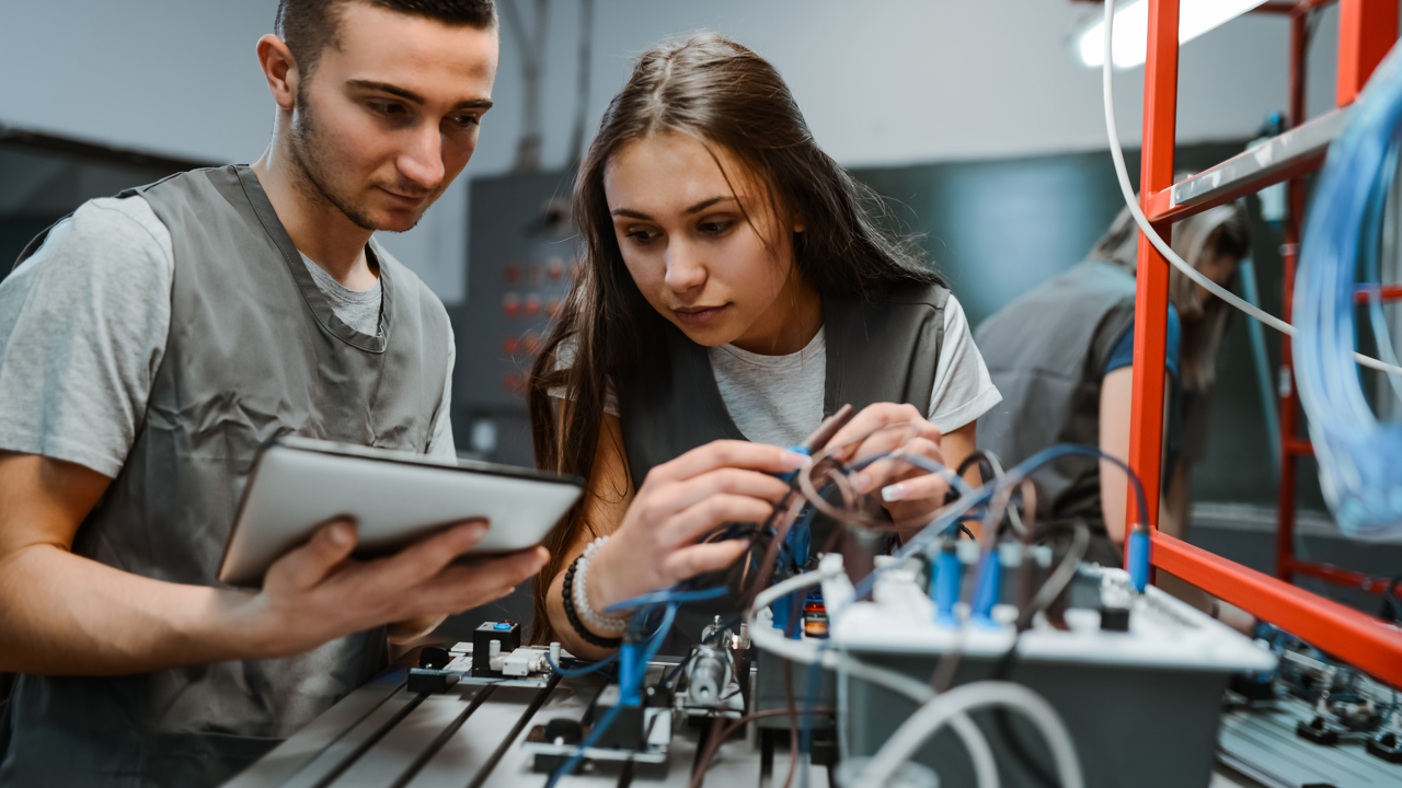 Two engineers work with cables and equipment