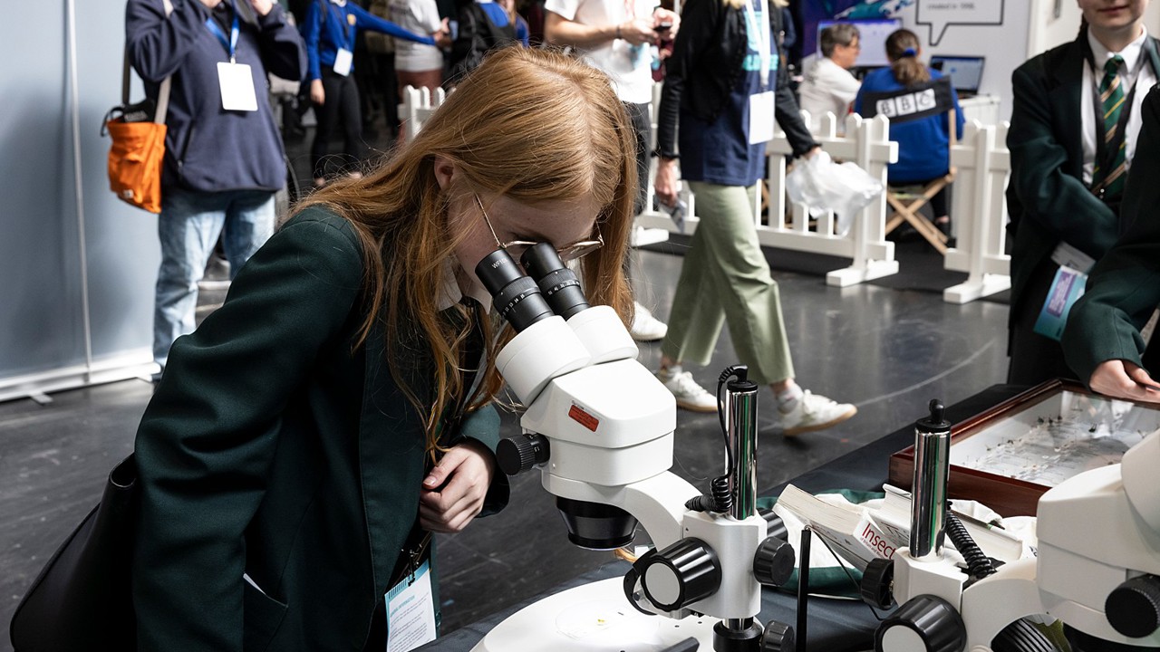 A young person at The Big Bang Fair looks into a microscope as others in the background walk by