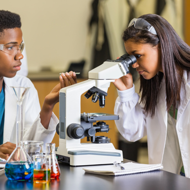 Two students working in a science lab at school working with microscopes