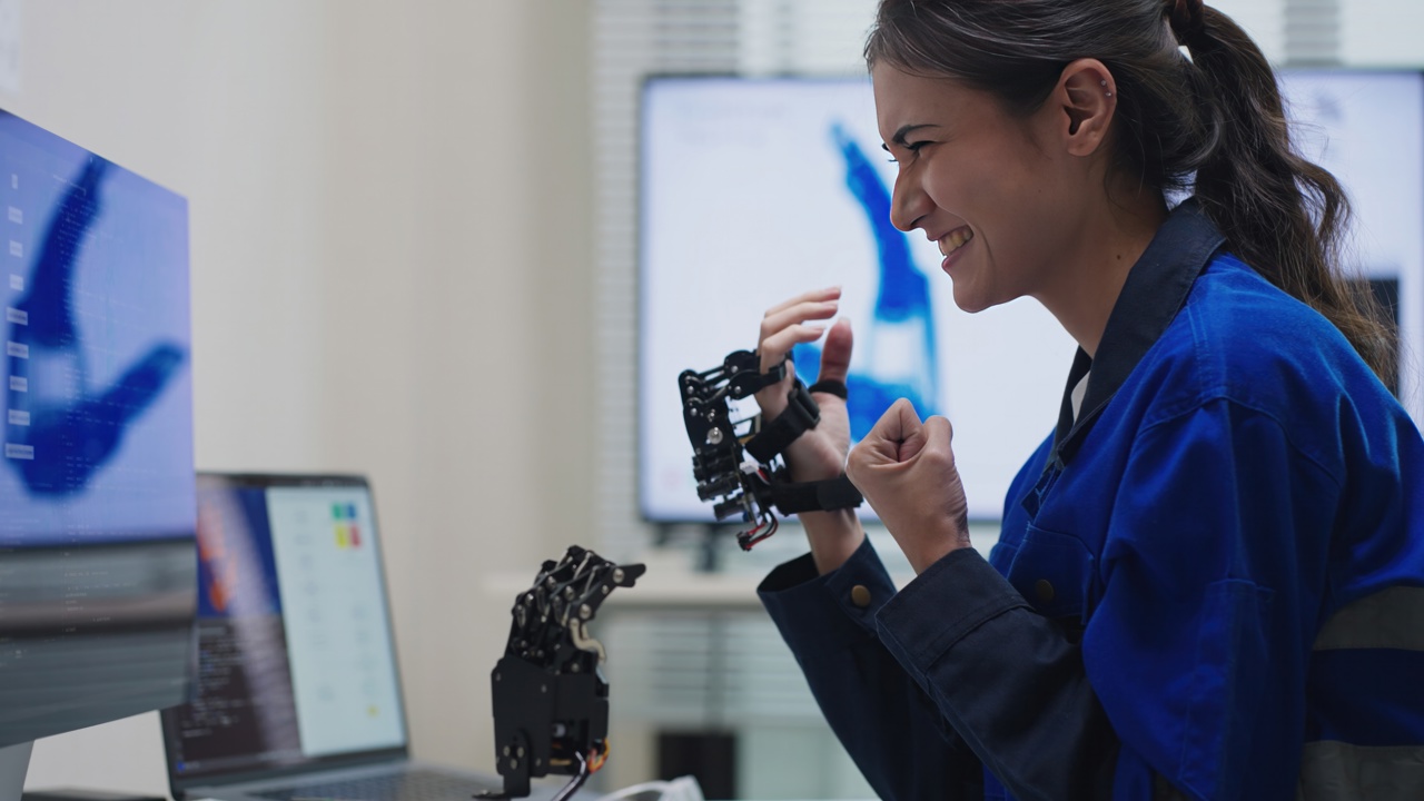 A worker holds equipment and smiles as they look at the screen