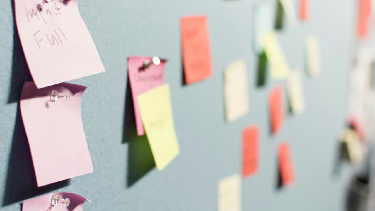 A group of colourful post it notes stuck on a wall