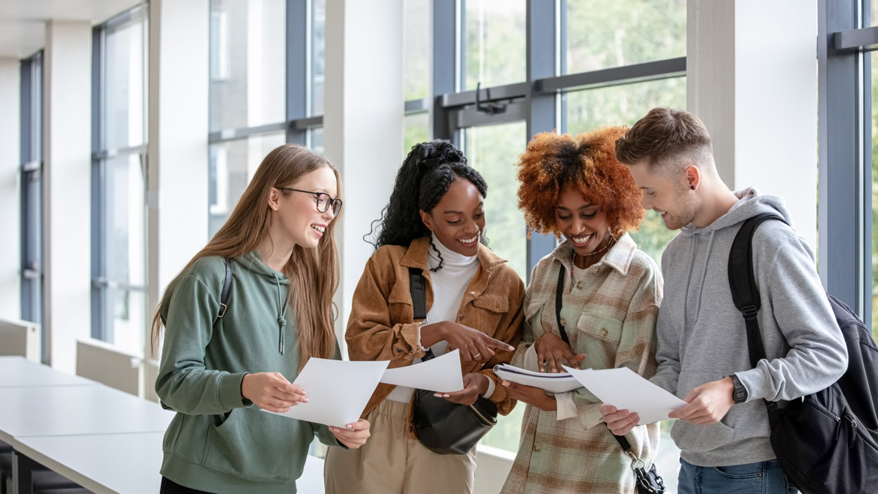 A group of young people look at results smiling and sharing